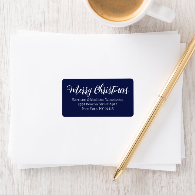 Merry Christmas navy blue script Return Address Label (Insitu)