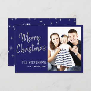Merry Christmas   Navy Blue Silver Grey Photo Card