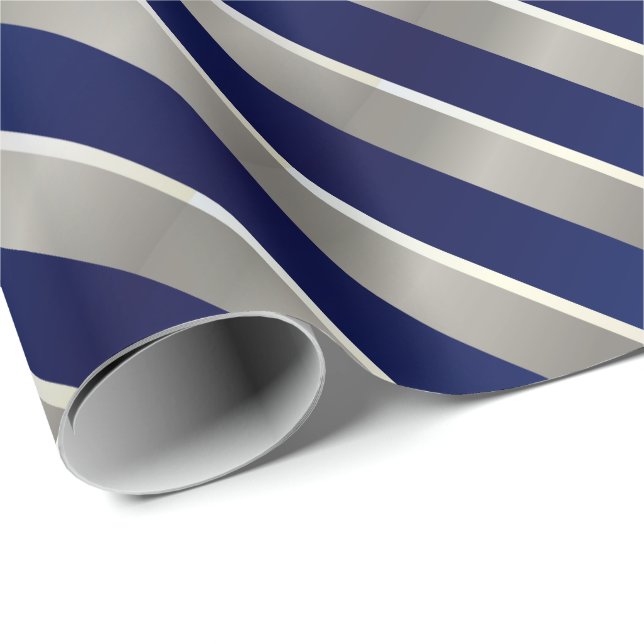 Merry Christmas Navy Blue, Silver & White Stripes Wrapping Paper (Roll Corner)