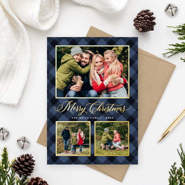 Merry Christmas Navy Buffalo Plaid Photo Collage Foil Holiday Card (Creator Uploaded)