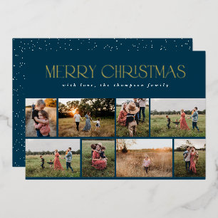 Merry Christmas Navy Gold Silver Multiple Photo Foil Holiday Card