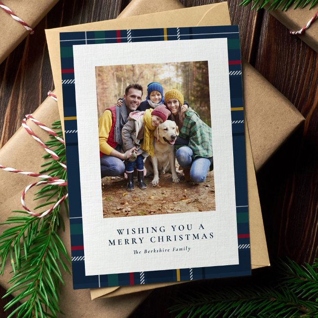 Merry Christmas navy plaid one photo Holiday Card (Creator Uploaded)