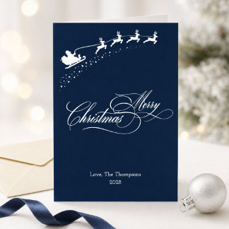 Merry Christmas Navy Silver Foil Santa Sleigh Holiday Card