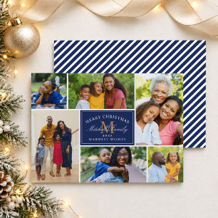 Merry Christmas Navy Stripe Photo Collage Holiday Card