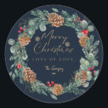 Merry Christmas Navy Watercolor Greenery Script Classic Round Sticker<br><div class="desc">Merry Christmas holiday sticker design that features a beautiful Christmas foliage watercolor wreath design with eucalyptus greenery,  leaves,  pinecones and red berries. Faux gold foil Merry Christmas with little snowflakes space for a personalized message from you. A beautiful traditional Christmas present sticker to make your gift wrapping extra special.</div>