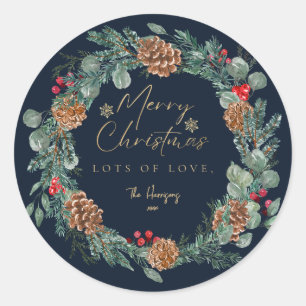 Merry Christmas Navy Watercolor Greenery Script Classic Round Sticker
