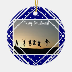 Merry Christmas Navy White Modern Photo Ceramic Ornament