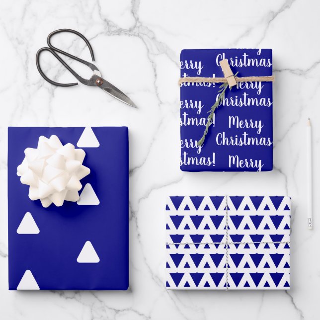 Merry Christmas Navy White Triangle Wrapping Paper Sheet (Front)
