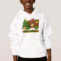 Merry Christmas near fireplace bonfire xmas tree