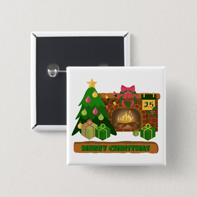 Merry Christmas near fireplace bonfire xmas tree 15 Cm Square Badge (Front & Back)