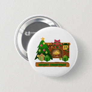 Merry Christmas near fireplace bonfire xmas tree 6 Cm Round Badge
