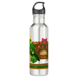 Merry Christmas near fireplace bonfire xmas tree 710 Ml Water Bottle