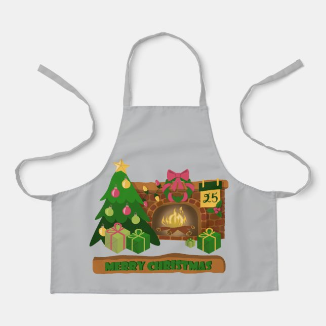 Merry Christmas near fireplace bonfire xmas tree Apron (Front)