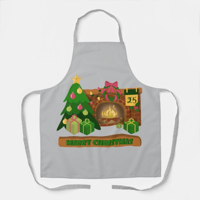 Merry Christmas near fireplace bonfire xmas tree Apron (Front)
