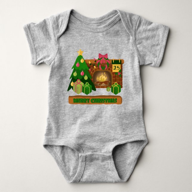 Merry Christmas near fireplace bonfire xmas tree Baby Bodysuit (Front)