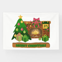 Merry Christmas near fireplace bonfire xmas tree