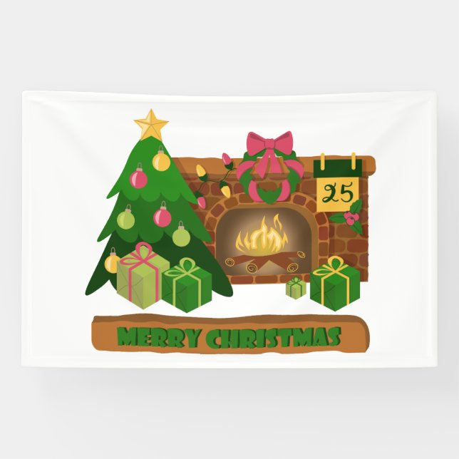 Merry Christmas near fireplace bonfire xmas tree Banner (Horizontal)