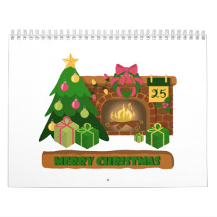 Merry Christmas near fireplace bonfire xmas tree Calendar