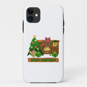 Merry Christmas near fireplace bonfire xmas tree iPhone 11 Case