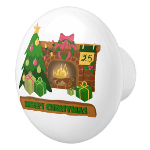 Merry Christmas near fireplace bonfire xmas tree Ceramic Knob