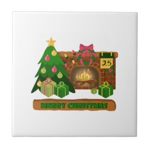 Merry Christmas near fireplace bonfire xmas tree Ceramic Tile