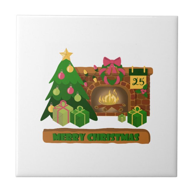 Merry Christmas near fireplace bonfire xmas tree Ceramic Tile (Front)