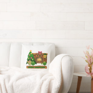 Merry Christmas near fireplace bonfire xmas tree Cushion