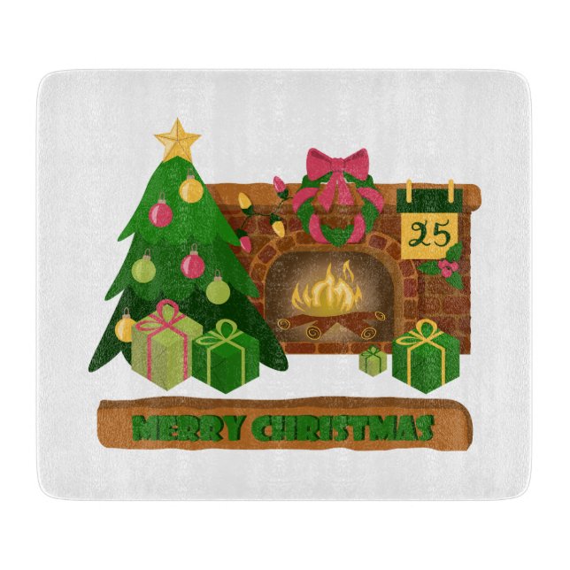 Merry Christmas near fireplace bonfire xmas tree Cutting Board (Front)