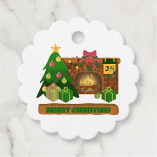Merry Christmas near fireplace bonfire xmas tree Favour Tags