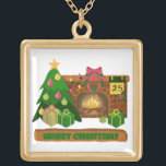 Merry Christmas near fireplace bonfire xmas tree Gold Plated Necklace<br><div class="desc">Lettering Merry Christmas near cosy fireplace</div>