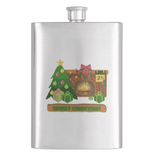 Merry Christmas near fireplace bonfire xmas tree Hip Flask