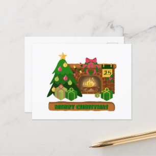 Merry Christmas near fireplace bonfire xmas tree Holiday Postcard