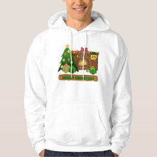Merry Christmas near fireplace bonfire xmas tree Hoodie