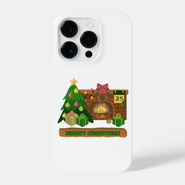Merry Christmas near fireplace bonfire xmas tree iPhone Case (Back)