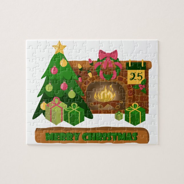 Merry Christmas near fireplace bonfire xmas tree Jigsaw Puzzle (Horizontal)