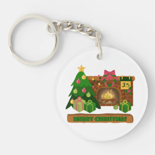 Merry Christmas near fireplace bonfire xmas tree Key Ring