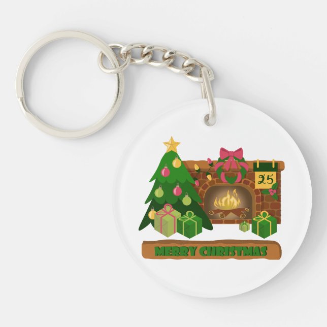 Merry Christmas near fireplace bonfire xmas tree Key Ring (Front)