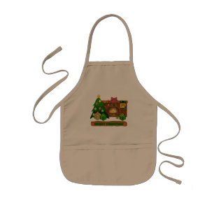 Merry Christmas near fireplace bonfire xmas tree Kids Apron