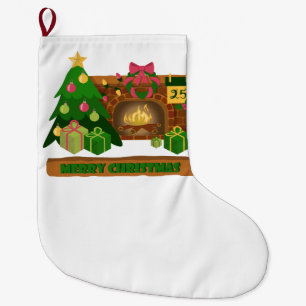Merry Christmas near fireplace bonfire xmas tree Large Christmas Stocking
