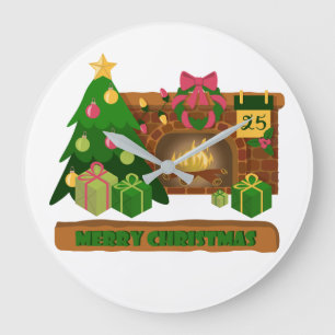 Merry Christmas near fireplace bonfire xmas tree Large Clock