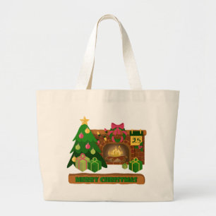 Merry Christmas near fireplace bonfire xmas tree Large Tote Bag