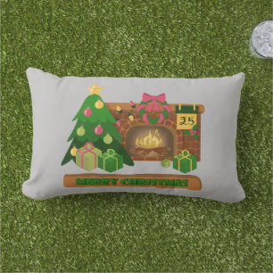 Merry Christmas near fireplace bonfire xmas tree Lumbar Cushion