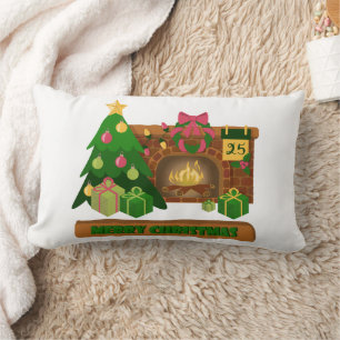 Merry Christmas near fireplace bonfire xmas tree Lumbar Cushion