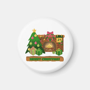 Merry Christmas near fireplace bonfire xmas tree Magnet