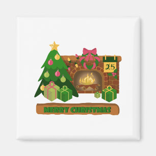 Merry Christmas near fireplace bonfire xmas tree Magnet