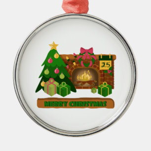 Merry Christmas near fireplace bonfire xmas tree Metal Ornament