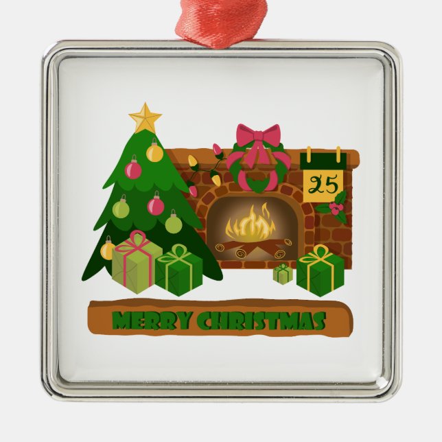 Merry Christmas near fireplace bonfire xmas tree Metal Ornament (Front)
