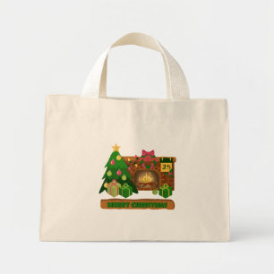 Merry Christmas near fireplace bonfire xmas tree Mini Tote Bag