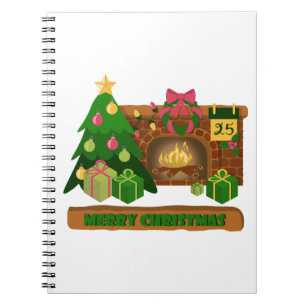 Merry Christmas near fireplace bonfire xmas tree Notebook