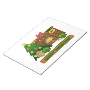 Merry Christmas near fireplace bonfire xmas tree Notepad